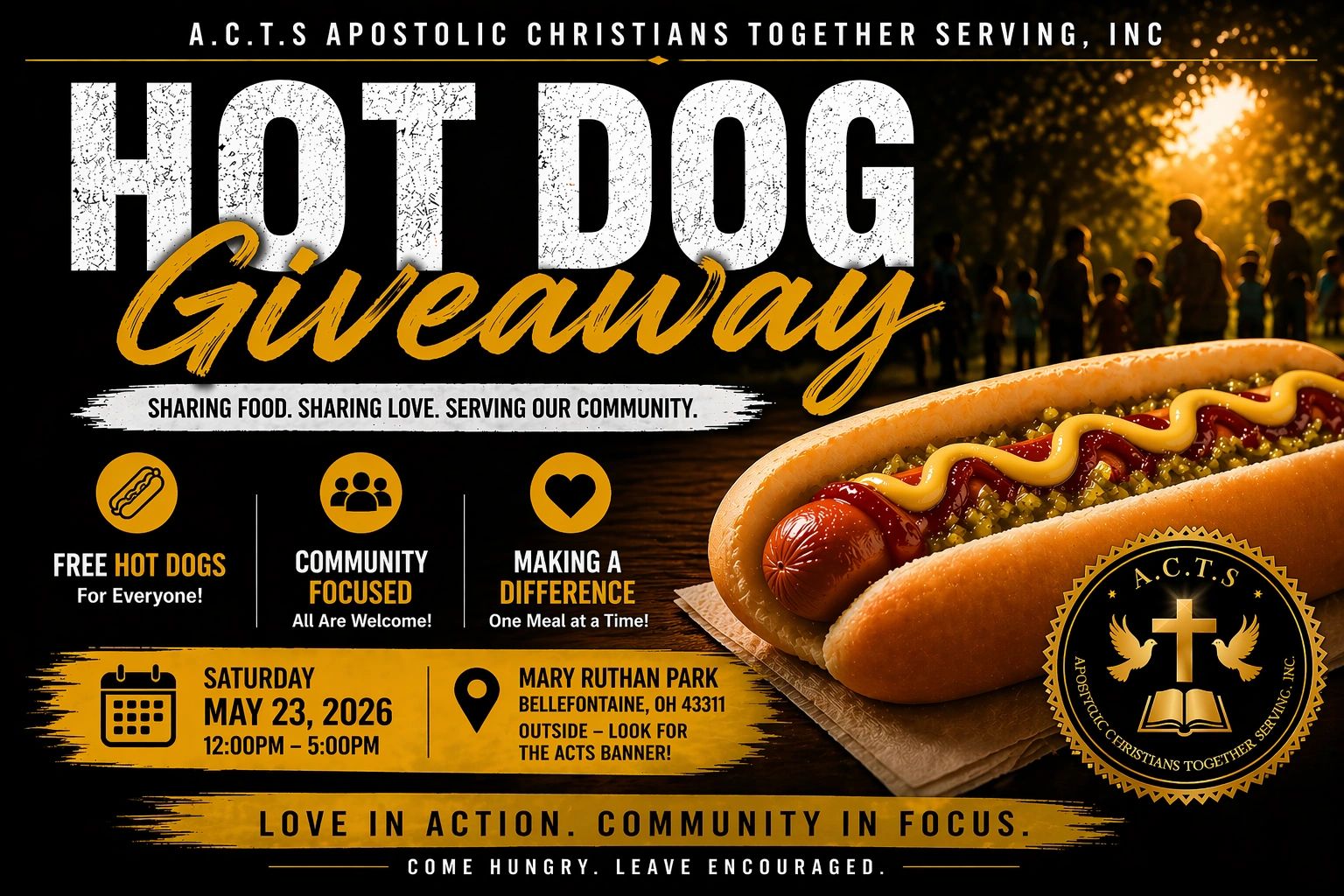A.C.T.S. Hot Dog Giveaway — Saturday May 23, 2026, 12:00PM–5:00PM, Mary Ruthan Park, Bellefontaine OH 43311