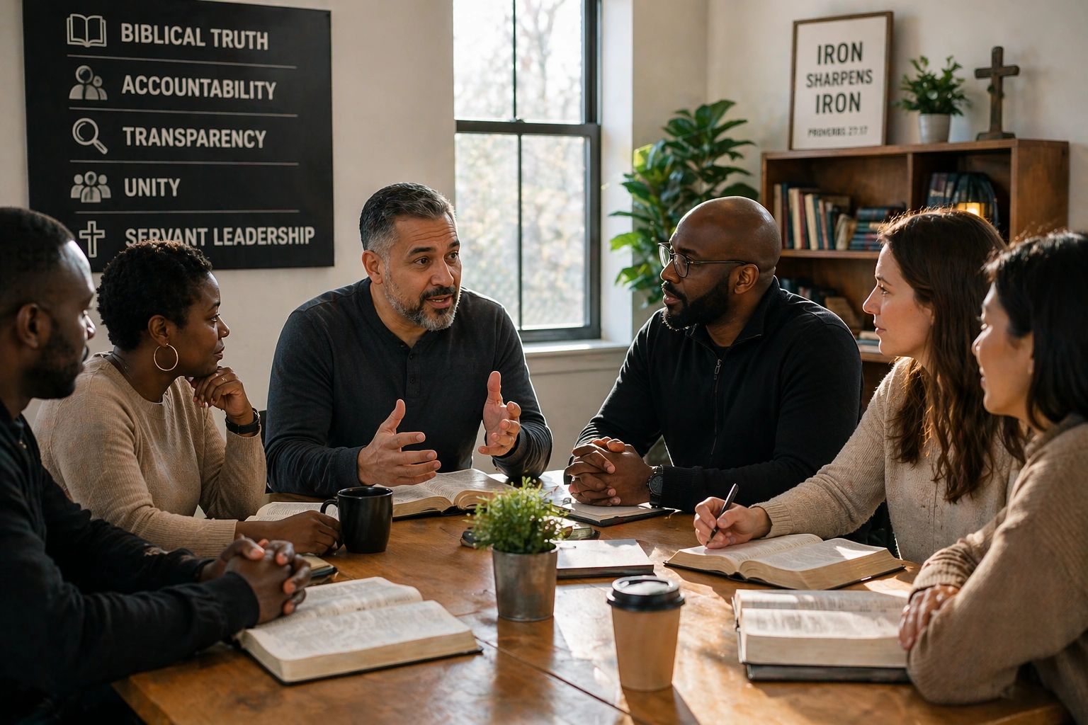 Core values: Biblical Truth, Accountability, Transparency, Unity, Servant Leadership — Iron Sharpens Iron, Proverbs 27:17